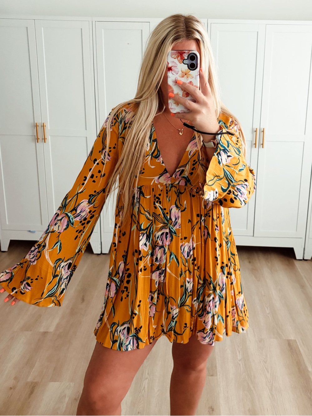🆕 NWT Yellow pink and black floral long bell sleeve dress